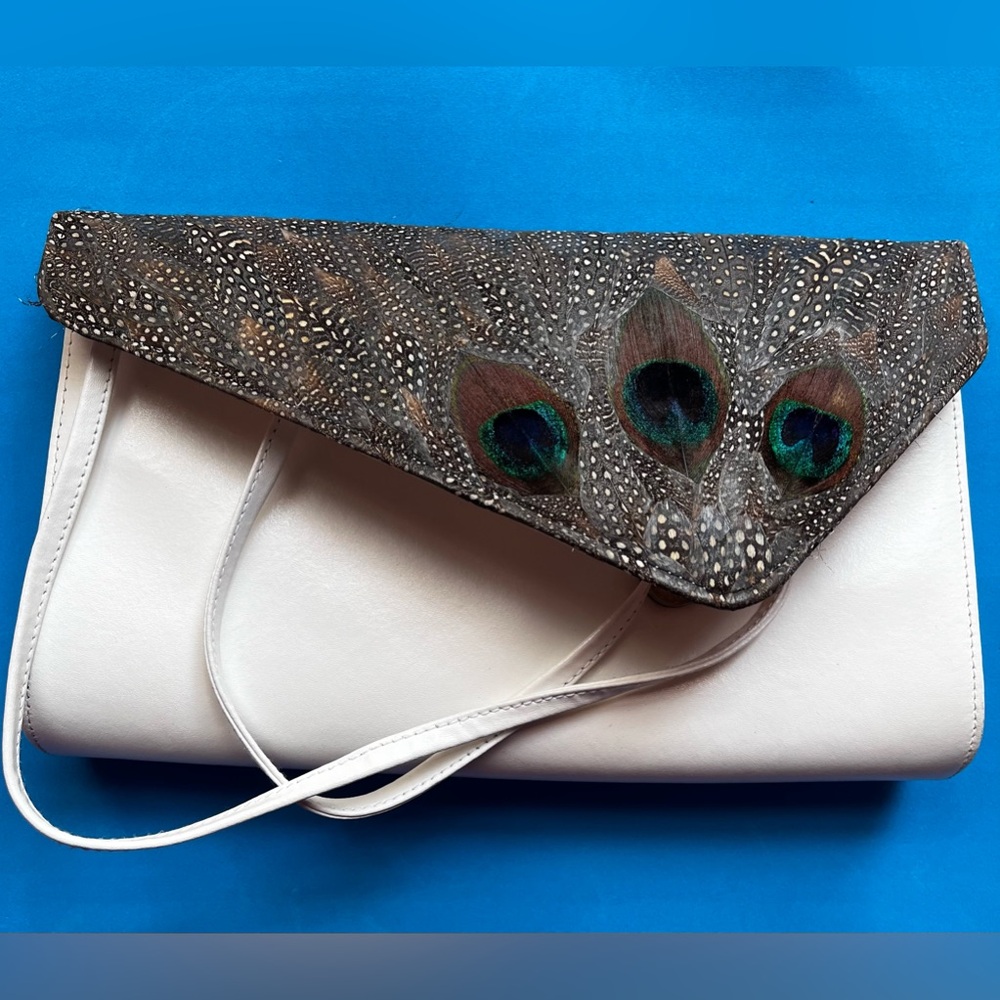 Jules Resnick Vintage Peacock Feather Ivory Leather Clutch/Shoulder Bag